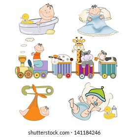 new baby boy items set isolated on white background, vector illustration
