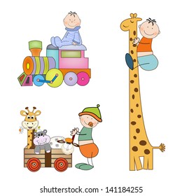 new baby boy items set isolated on white background, vector illustration