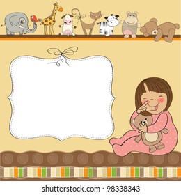 new baby girl announcement card with girl and her toy