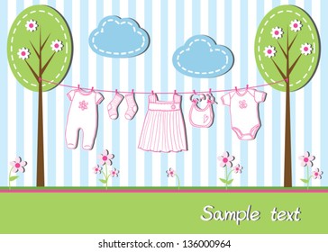 New baby girl card with clothes, vector illustration