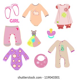 New baby girl vector set: clothes, pacifier, bib, snuggle buddy, foot prints
