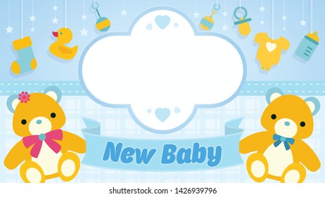 NEW BABY greeting card. Circular border with writing space decorated with teddy bears, baby bottle, rubber duck, baby clothes in yellow with star background in blue. Vector image