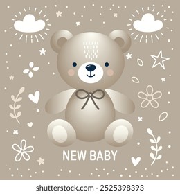 New Baby Greeting Card. Newborn boy or girl. Adorable vector illustration with neutral colors. Welcoming a new baby and celebrating a special moment with charm and warmth.