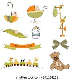 new baby items set isolated on white background, vector illustration