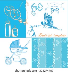 new baby items set isolated on white background with pattern. Vector illustration template