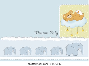 New baby shower card with spoiled teddy bear