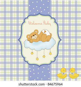 New baby shower card with spoiled teddy bear