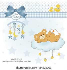 New baby shower card with spoiled teddy bear