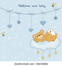 New baby shower card with spoiled teddy bear