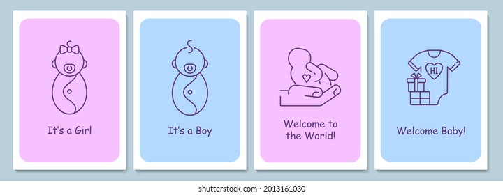 New baby welcoming event postcards with linear glyph icon set. Greeting card with decorative vector design. Simple style poster with creative lineart illustration. Flyer with holiday wish