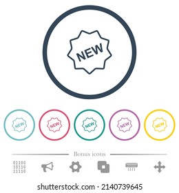 New badge outline flat color icons in round outlines. 6 bonus icons included.
