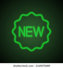 New badge simple icon vector. Flat design. Green neon on black background with green light.ai