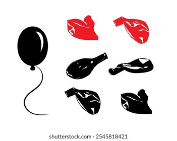 New Balloons Isolated, Deflated Ball, Red Ballon, Latex Rubber Garbage, Popped Balloon Set on White Background, Vector Illustration