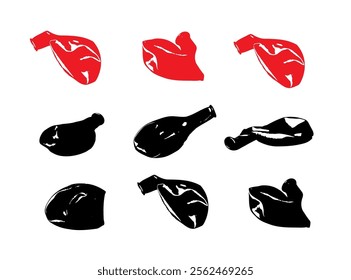 New Balloons Isolated, Deflated Ball, Red Ballon, Latex Rubber Garbage, Popped Balloon Set on White Background, Vector Illustration