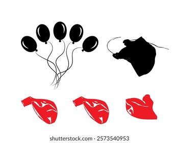 New Balloons Isolated, Deflated Ball, Red Ballon, Latex Rubber Garbage, Popped Balloon Set on White Background, Vector Illustration