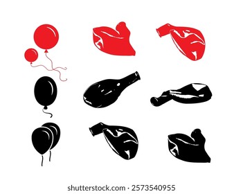 New Balloons Isolated, Deflated Ball, Red Ballon, Latex Rubber Garbage, Popped Balloon Set on White Background, Vector Illustration