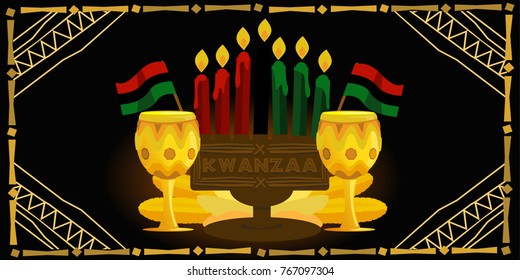 New Banner For Kwanzaa With Traditional Colored Candles Representing The Seven Principles (or Nguzo Saba).