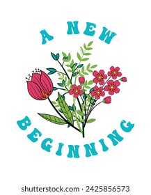 A new beginning Spring saying Farmhouse Welcome Wood Sign handwriting floral art on white background