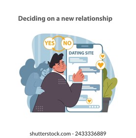 New beginnings after loss. A widower contemplates love again amidst the complexities of online dating. Flat vector illustration.