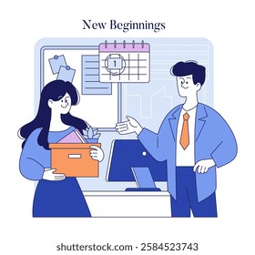 New Beginnings concept. Illustration of a woman starting a new job, welcomed by a colleague with a friendly gesture in office surroundings. Career change, workplace introduction. Vector illustration.