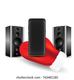A new best, modern smartphone, New Year's offer, Santa's mitt keeps an empty black phone and speakers.