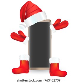 New best, modern smartphone, New Year's offer, a set of santa keeps an empty phone.