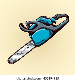 New big cyan hacksaw device gear isolated on white background. Freehand bright color hand drawn picture sketchy in retro scribble style. Closeup with space for text