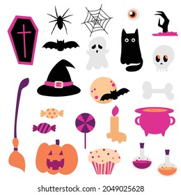 New big set of elements for Halloween. Cartoon icons for holiday and poster and invitation design in purple and pink colors