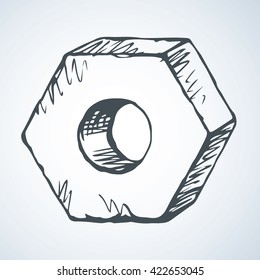 New big zinc supporting capscrew for tighten diy mounting isolated on white background. Linear freehand ink drawn symbol sketchy in art scrawl style pen on paper. View closeup with space for text