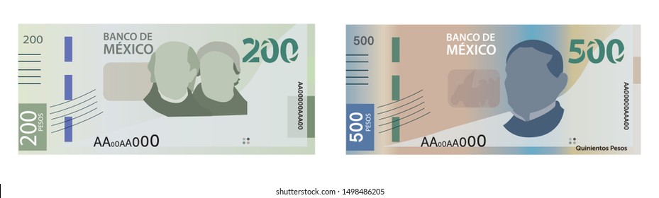 New bills of 200 and 500 Mexican pesos.