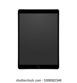 New black tablet concept with camera and central button, isolated on white background. Vector illustration.