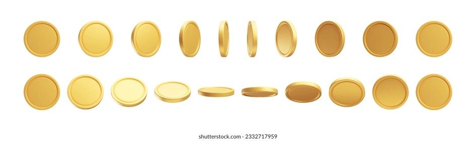 New blank brass or golden coins from different views 3D rendering set. Floating currency. Payment, investment, bank, finance, money symbols isolated on white background