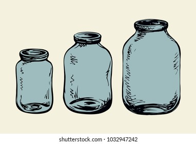 New blank clear tin on light  blue backdrop. Freehand linear black ink hand drawn logo emblem sketchy in art ancient scribble contour graphic style pen on paper. Closeup view with space for text
