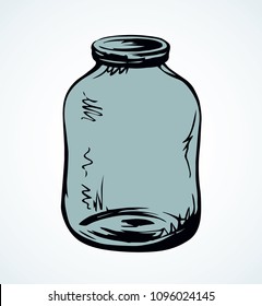 New blank clear tin on light  blue backdrop. Freehand linear black ink hand drawn logo emblem sketchy in art ancient scribble contour graphic style pen on paper. Closeup view with space for text