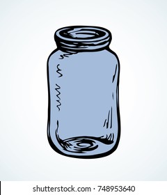 New blank clear tin on light  blue backdrop. Freehand linear black ink hand drawn logo emblem sketchy in art ancient scribble contour graphic style pen on paper. Closeup view with space for text