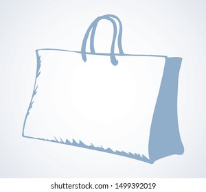 New blank simple line reuse add empty box string hold on light backdrop text space. Outline black ink hand drawn rope paperbag concept logo emblem design in retro art doodle print style. Close up view