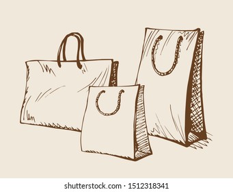New blank simple line reuse add empty box string hold on light backdrop text space. Outline black ink hand drawn rope paperbag concept logo emblem design in retro art doodle print style. Close up view