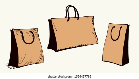 New blank simple line reuse add empty box string hold on light backdrop text space. Outline black ink hand drawn rope paperbag concept logo emblem design in retro art doodle print style. Close up view