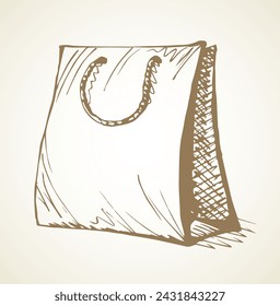 New blank simple line reuse add empty box string hold on light backdrop text space. Outline black ink hand drawn rope paperbag concept logo emblem design in retro art doodle print style. Close up view