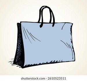 New blank simple line reuse add empty box string hold on light backdrop text space. Outline black ink hand drawn rope paperbag concept logo emblem design in retro art doodle print style. Close up view