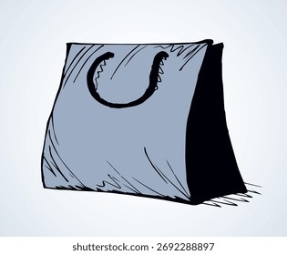 New blank simple line reuse add empty box string hold on light backdrop text space. Outline black ink hand drawn rope paperbag concept logo emblem design in retro art doodle print style. Close up view