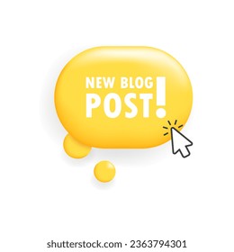 New blog post button. Flat, yellow, cursor on button, new blog post. Vector illustration