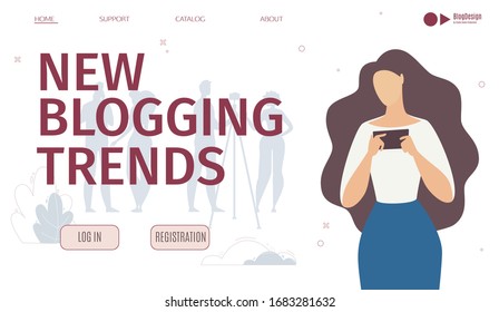 New Blogging Trends Research Company, online Service or Startup for Digital Content Creators Web Banner, Landing Page Template. Woman Watching Content with Cellphone Trendy Flat Vector Illustration