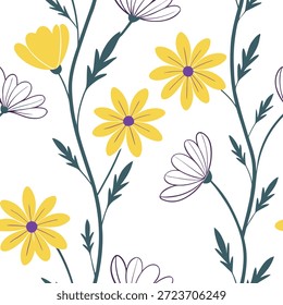 Novas flores de flor padrão de azulejo sem costura com tons amarelo brilhante e roxo suave representando um novo conceito de estação como flores amarelas brilhantes e roxas macias florescem em um padrão de azulejo sem costura simbolizando a renovação e a vibração de uma nova estação no Photo Stock Concept e espaço vazio no lado esquerdo, sem texto —ar 7:2 —tile