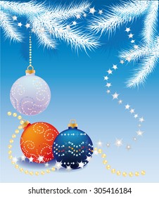 New blue background with snow-covered fir branches and balls