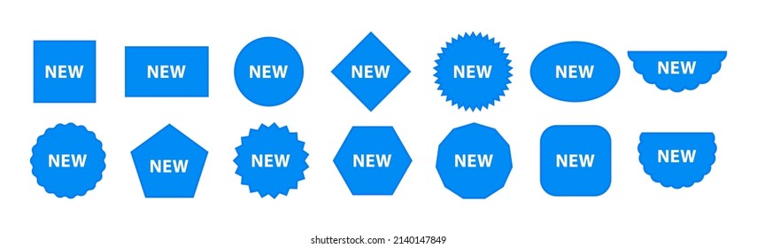 New blue icons and stickers. Labels and badges with new tag for product and sale. Vector. Set of New button, sign on white. Color element for business promotions.
