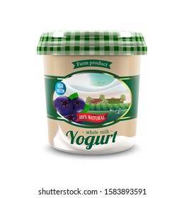 New blueberry cream Yogurt container design with farm styled label with trees and cows, vector illustration for organic cream yogurt product packaging branding or advertising design