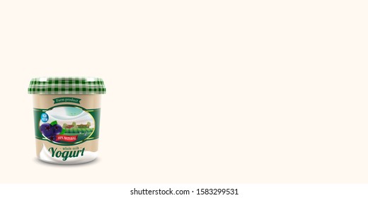 New blueberry Yogurt packaging container design with rural farm label with trees and cows, vector illustration for farm yogurt product branding or advertising design