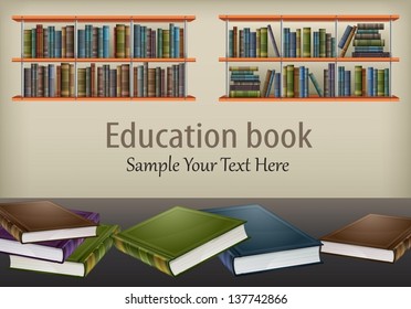 New books on table and on shelves & text, vector illustration.