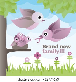 new born baby announcement card with birds an flowers in vector